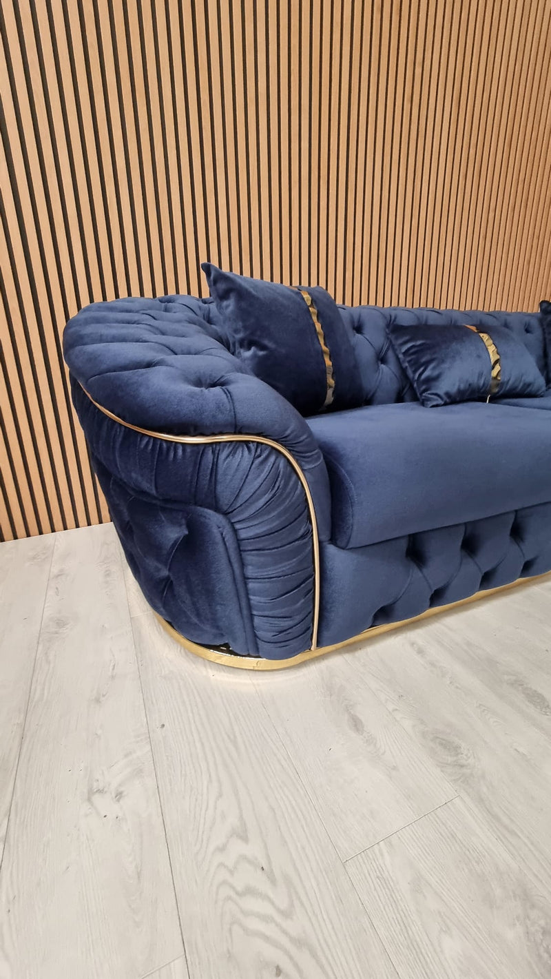 Ambassador 3+3 Seater Sofas Dark Navy Velvet Gold Detailing