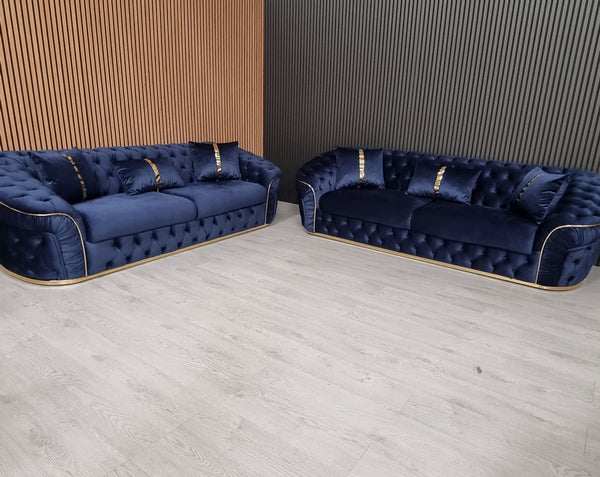 Ambassador 3+3 Seater Sofas Dark Navy Velvet Gold Detailing