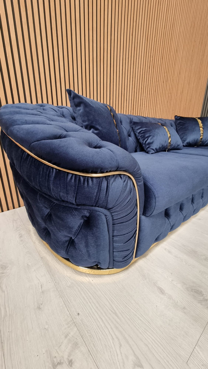 Ambassador 3+3 Seater Sofas Dark Navy Velvet Gold Detailing