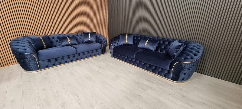 Ambassador 3+3 Seater Sofas Dark Navy Velvet Gold Detailing