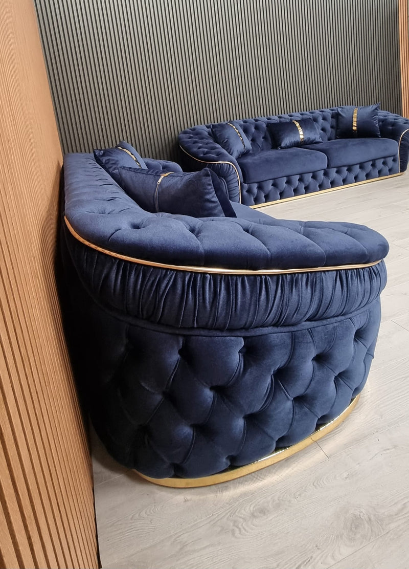 Ambassador 3+3 Seater Sofas Dark Navy Velvet Gold Detailing