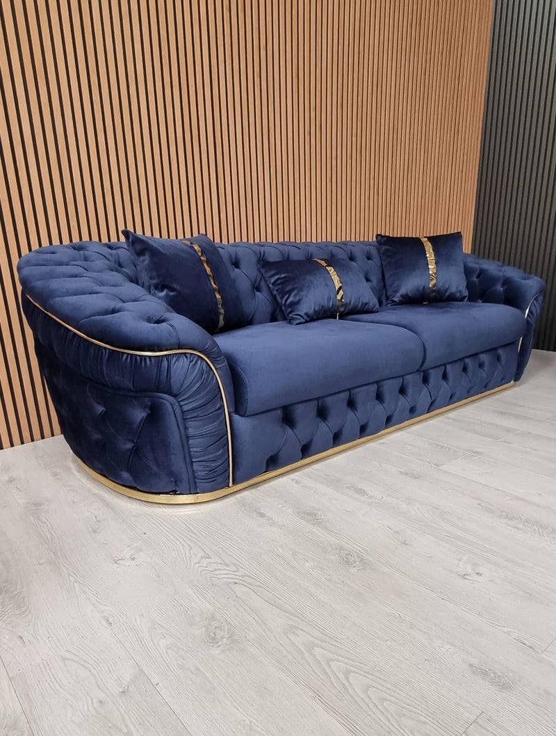 Ambassador 3+3 Seater Sofas Dark Navy Velvet Gold Detailing