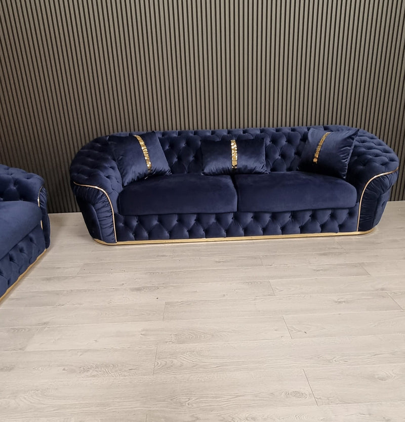 Ambassador 3+3 Seater Sofas Dark Navy Velvet Gold Detailing