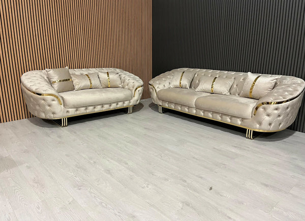 Kingston 3+2 set in champagne velvet with gold detailing & legs