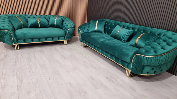 Ambassador special 3+2 in emerald green velvet with gold detailing & legs