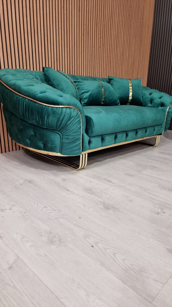 3 Seater Velvet Sofa Green Velvet Gold Accent