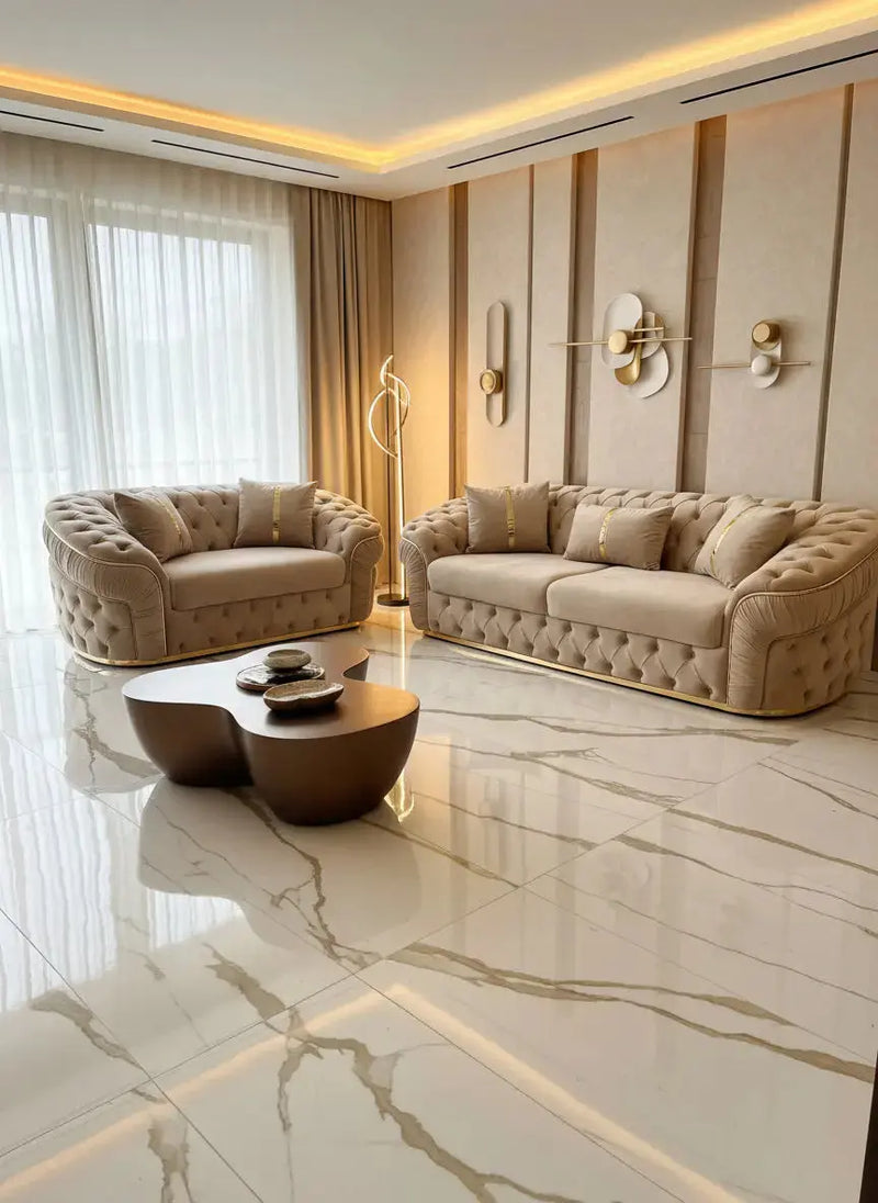 Ambassador 3+2 Seater Sofa – Champagne Velvet with Gold Detailing | Luxury Modern Sofa CELEBRITY INTERIORS