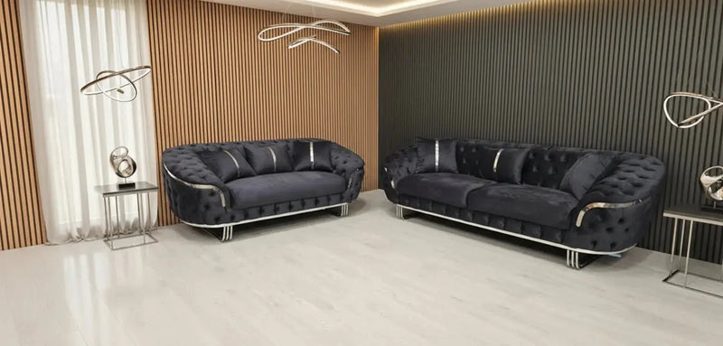 Kingston 3+2 Anthracite Grey Velvet Sofa Set with Chrome Detailing – Modern Luxury Sofa Bespoke Beds