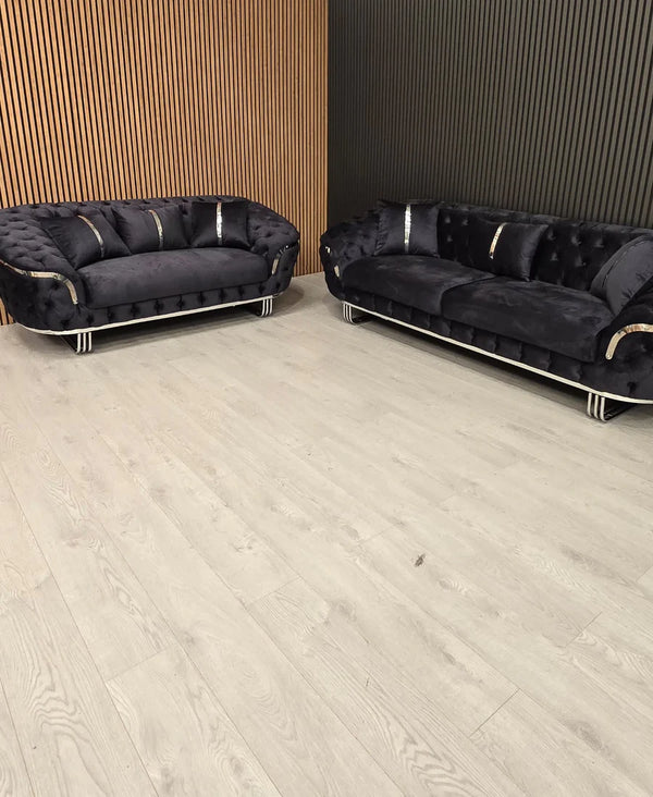 Kingston 3+2 in anthracite velvet and chrome accent detailing