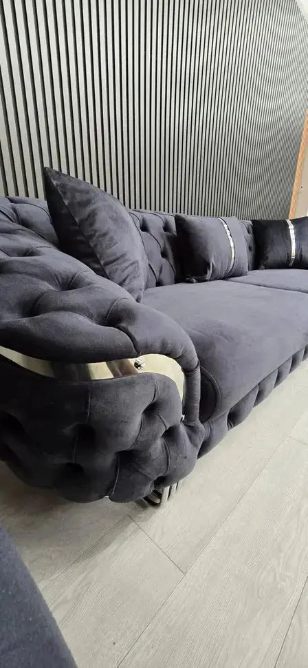 Kingston 3+2 Anthracite Grey Velvet Sofa Set with Chrome Detailing – Modern Luxury Sofa Bespoke Beds