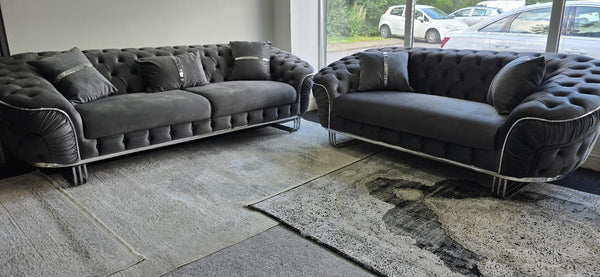 Ambassador Special Sofa 3 + 2 Grey Velvet With Chrome Accent