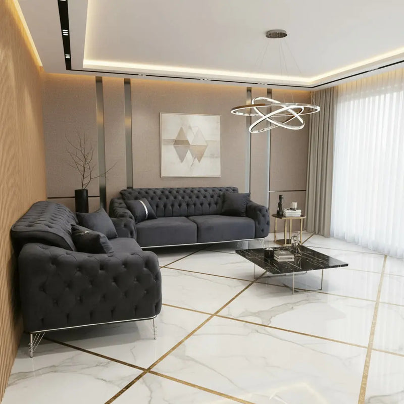 Monalisa 3+2 Seater Sofa Set – Steel Velvet with Chrome Detailing & Legs | Luxury Modern Sofa