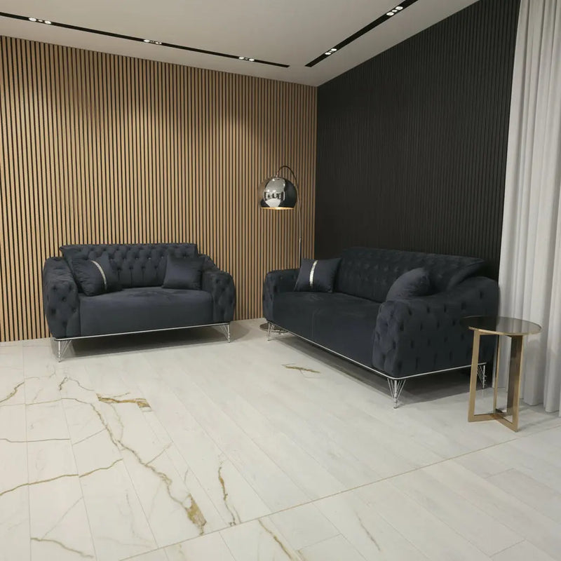 Monalisa 3+2 Seater Sofa Set – Steel Velvet with Chrome Detailing & Legs | Luxury Modern Sofa