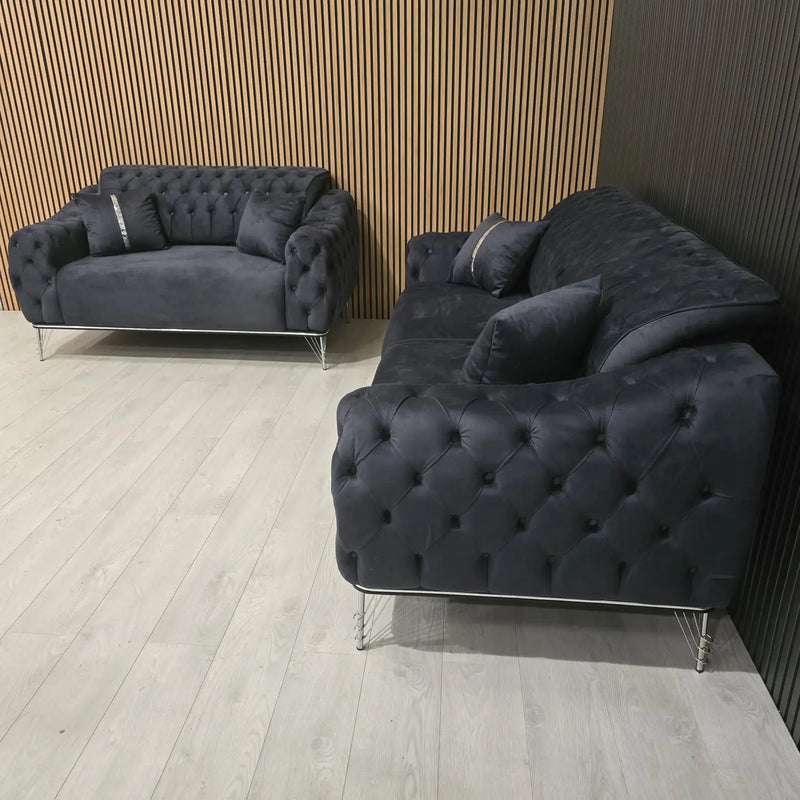 Monalisa 3+2 Seater Sofa Set – Steel Velvet with Chrome Detailing & Legs | Luxury Modern Sofa