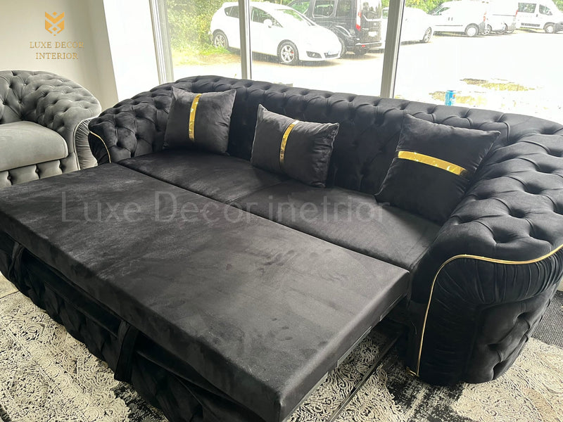 Ambassador 3 Seater sleeper sofa Bed Black Velvet & Gold Accent