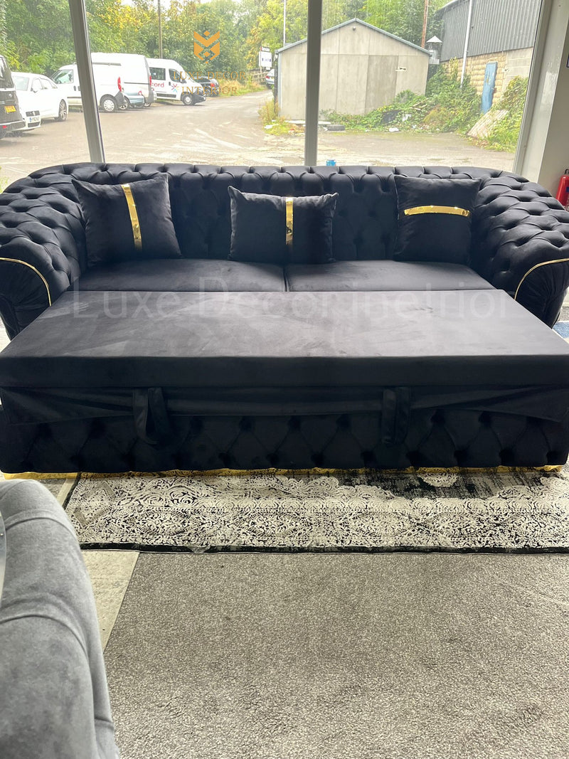 Ambassador 3 Seater sleeper sofa Bed Black Velvet & Gold Accent