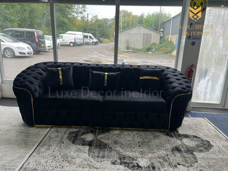 Ambassador 3 Seater sleeper sofa Bed Black Velvet & Gold Accent