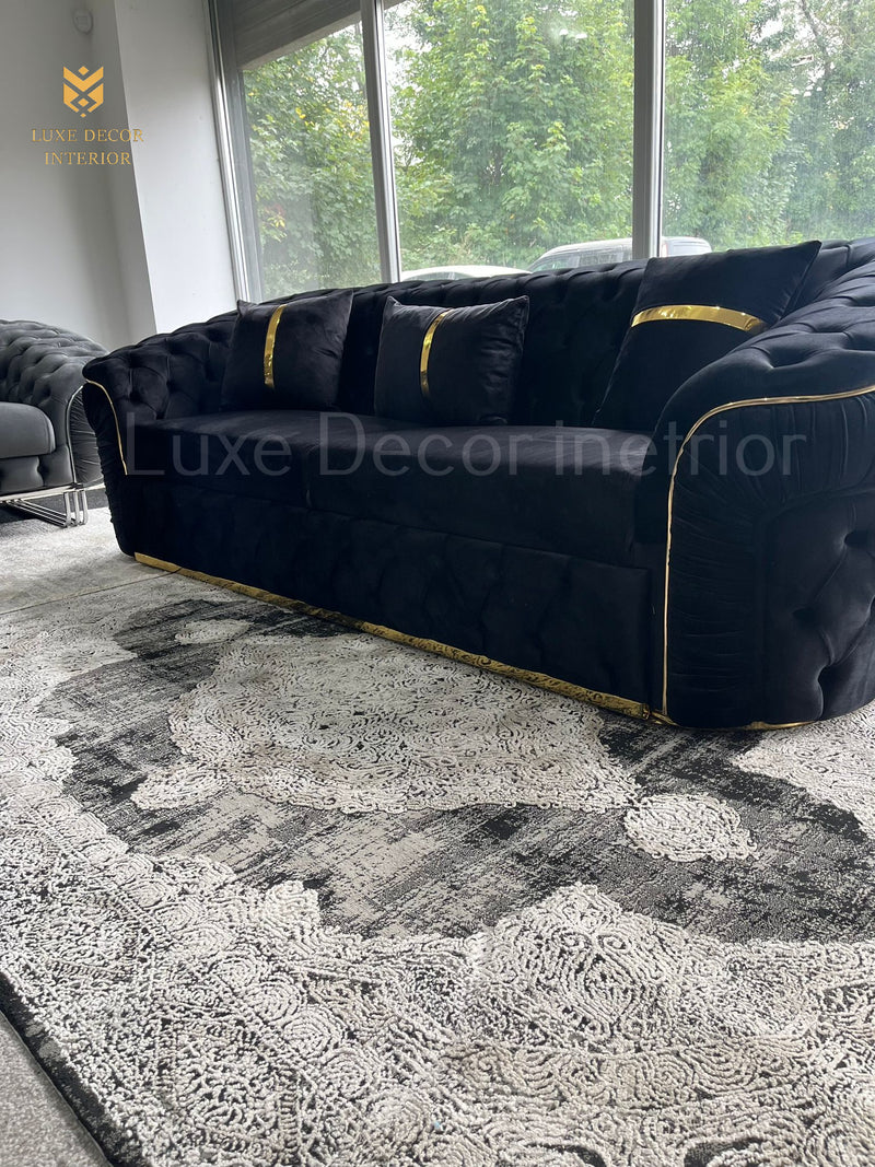 Ambassador 3 Seater sleeper sofa Bed Black Velvet & Gold Accent