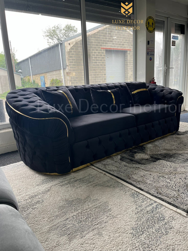 Ambassador 3 Seater sleeper sofa Bed Black Velvet & Gold Accent