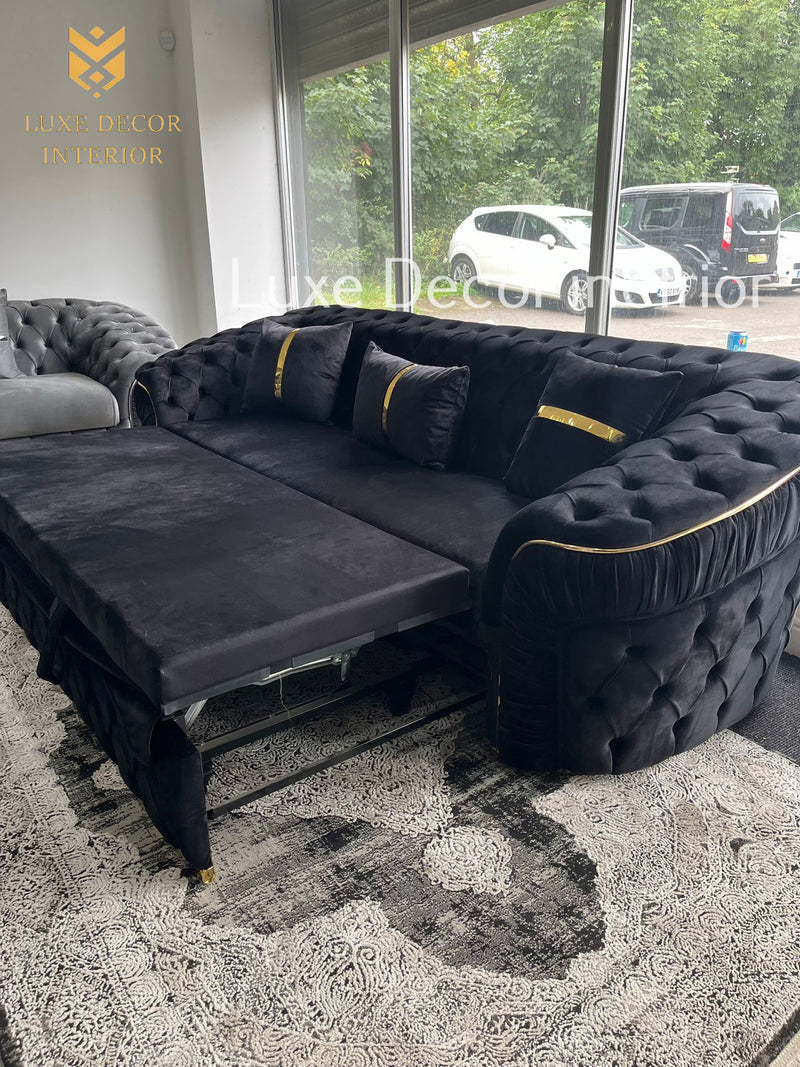 Ambassador 3 Seater sleeper sofa Bed Black Velvet & Gold Accent