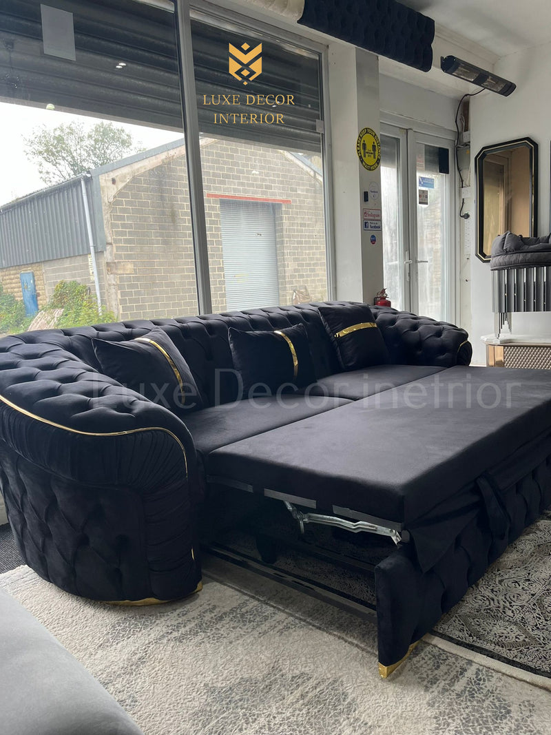 Ambassador 3 Seater sleeper sofa Bed Black Velvet & Gold Accent