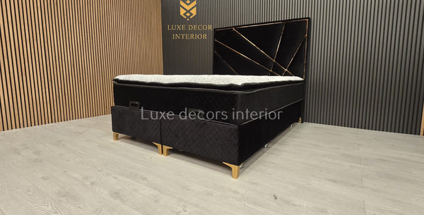 Helix Black Velvet Divan Ottoman Bed Set with Gold Accent 2024 design, luxury storage bed with mattress included. Stylish black velvet upholstery and gold detailing for modern bedrooms