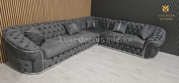 Ambassador Corner Sofa In Grey & Chrome Plush Velvet - 320cm x 260cm