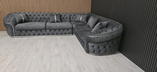 Ambassador Corner Sofa In Grey & Chrome Plush Velvet - 320cm x 260cm