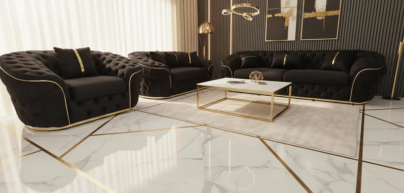 Ambassador 3+2+1 Seater Sofa Set – Black Velvet with Gold Detailing | Luxury Modern Living