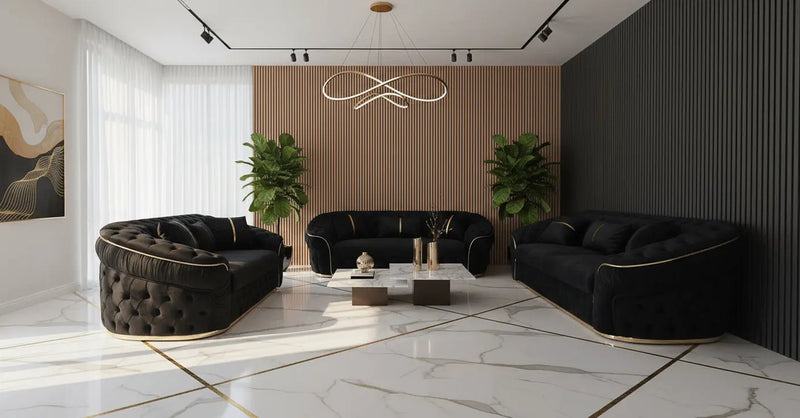 Ambassador 3+2+1 Seater Sofa Set – Black Velvet with Gold Detailing | Luxury Modern Living
