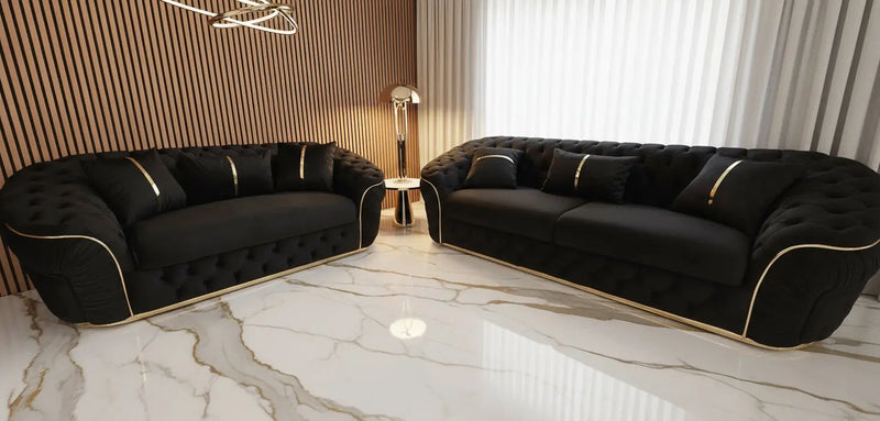 Ambassador 3+2+1 Seater Sofa Set – Black Velvet with Gold Detailing | Luxury Modern Living