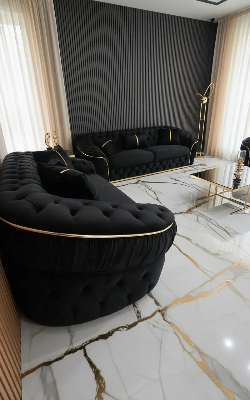 Ambassador 3+2+1 Seater Sofa Set – Black Velvet with Gold Detailing | Luxury Modern Living