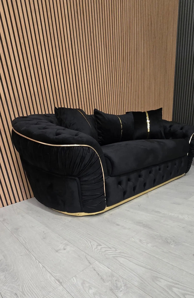 Ambassador 3+2+1 Seater Sofa Set – Black Velvet with Gold Detailing | Luxury Modern Living
