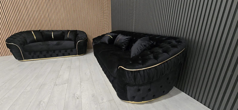 Ambassador 3+2+1 Seater Sofa Set – Black Velvet with Gold Detailing | Luxury Modern Living