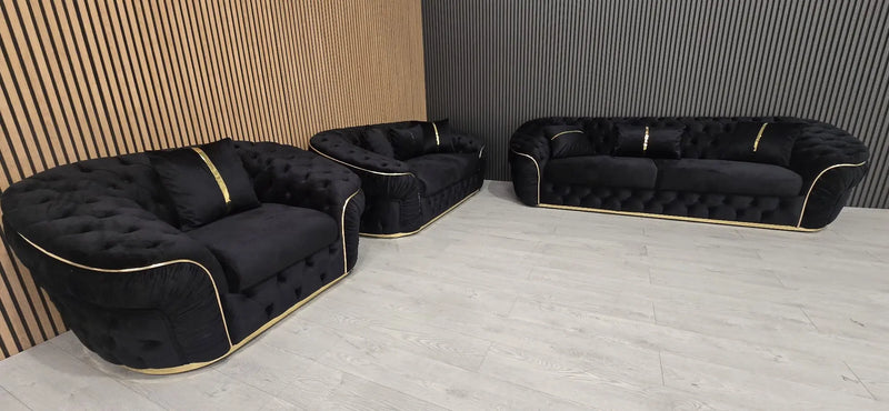 Ambassador 3+2+1 Seater Sofa Set – Black Velvet with Gold Detailing | Luxury Modern Living