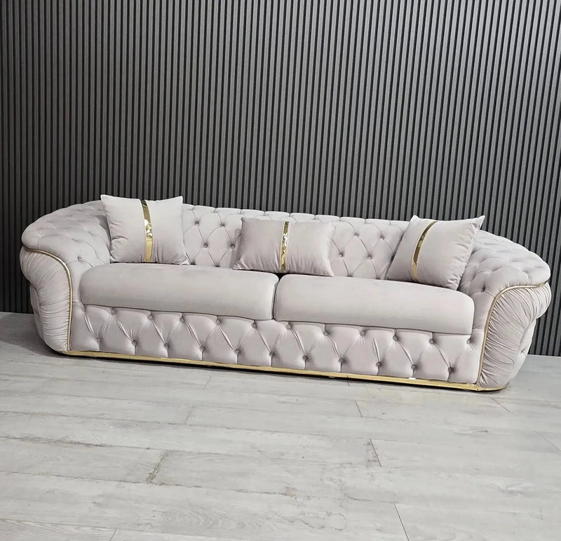Ambassador 3+2 Seater Sofa – Champagne Velvet with Gold Detailing | Luxury Modern Sofa CELEBRITY INTERIORS