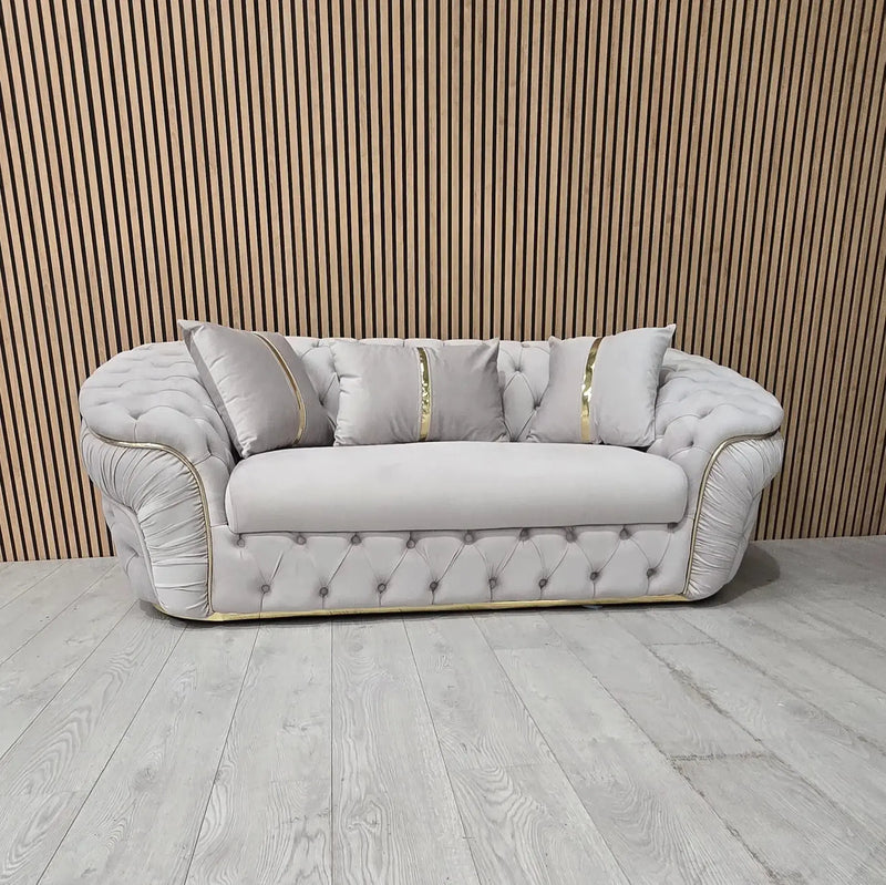 Ambassador 3+2 Seater Sofa – Champagne Velvet with Gold Detailing | Luxury Modern Sofa CELEBRITY INTERIORS