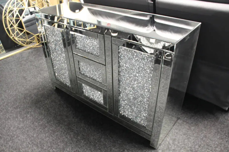 Roma 2 Door 3 Drawer Large Sideboard – Crushed Diamond Mirrored Finish | Luxury Home Furniture AWS