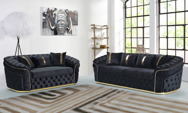 Ambassador 3+2 Seater In Black & Gold Plush Velvet