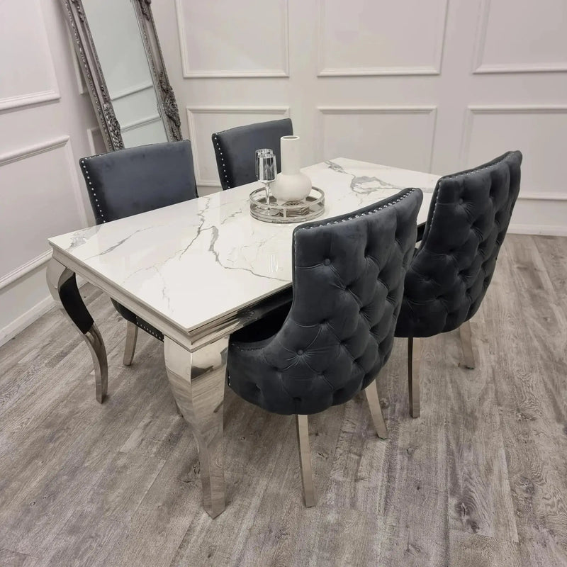 Louis 1.5m Chrome Dining Table Set with 4 Kensington Dark Grey Velvet Chairs F I INTERIORS