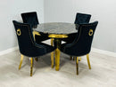 Sofia 110cm Round Black & Gold Dining Table + 4 Majestic Ring Knocker Chairs – Luxury Velvet Dining Set