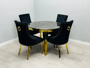 Sofia 110cm Round Black & Gold Dining Table + 4 Majestic Ring Knocker Chairs – Luxury Velvet Dining Set
