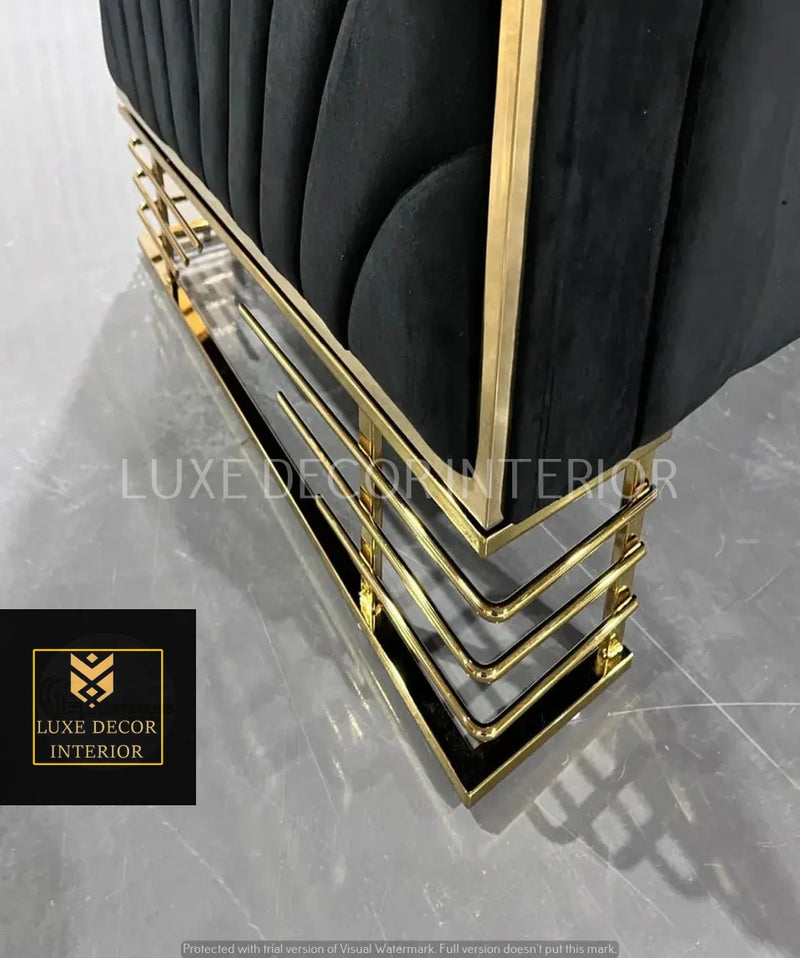 Bahrain 3+2 Seater Sofa Set – Black Velvet with Gold Metal Legs