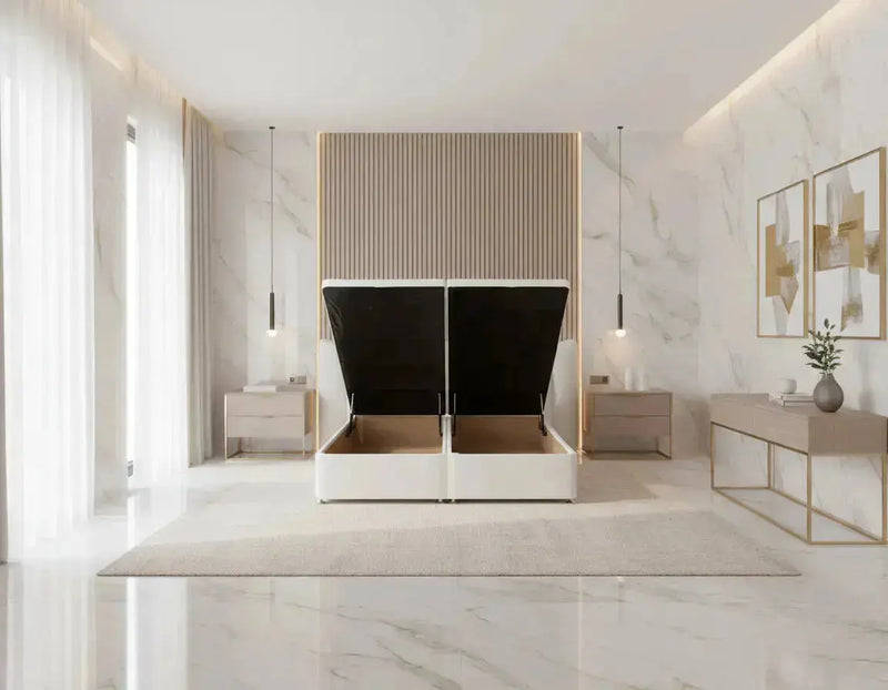 Elcante Divan Ottoman Bed in Plush Velvet – Gold / Chrome Detail