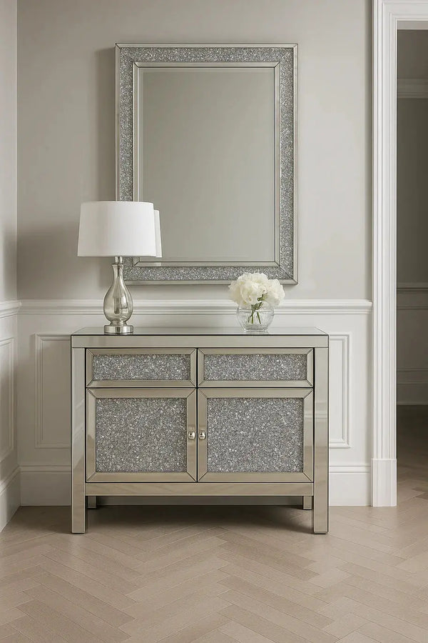 Roma 2 Door 2 Drawer Small Sideboard – Crushed Diamond Mirrored Finish | Luxury Home Furniture AWS