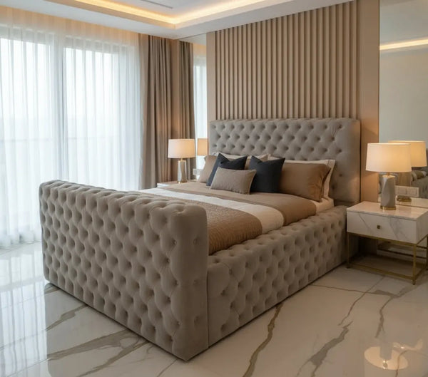 Ambassador Premium Bed Frame in Plush Velvet – Bespoke Handcrafted Chesterfield Design