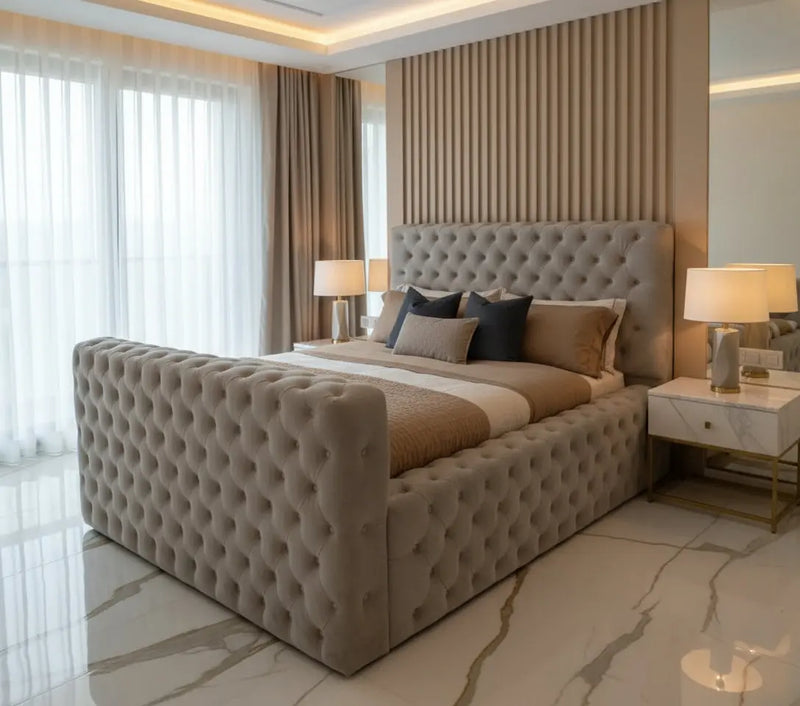 Ambassador Premium Bed Frame in Plush Velvet – Bespoke Handcrafted Chesterfield Design