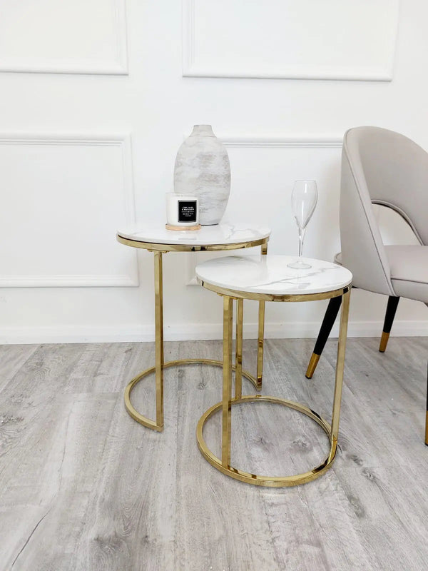 Cato Nest Of Tables White Marble & Gold Frame