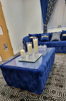 120cm x 60cm CHESTERFIELD UPHOLSTERED FOOTSTOOL/COFFEE TABLE WITH GLASS F I INTERIORS