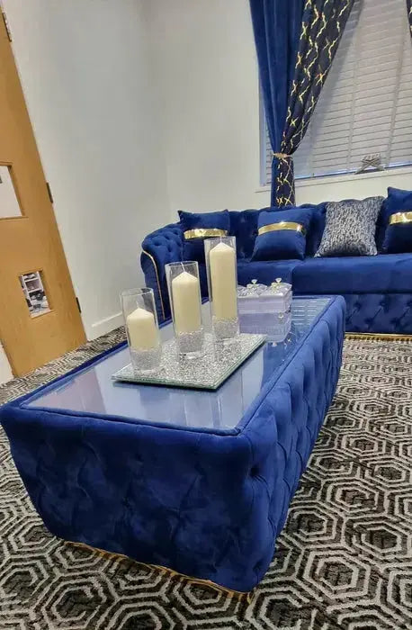 120cm x 60cm CHESTERFIELD UPHOLSTERED FOOTSTOOL/COFFEE TABLE WITH GLASS F I INTERIORS